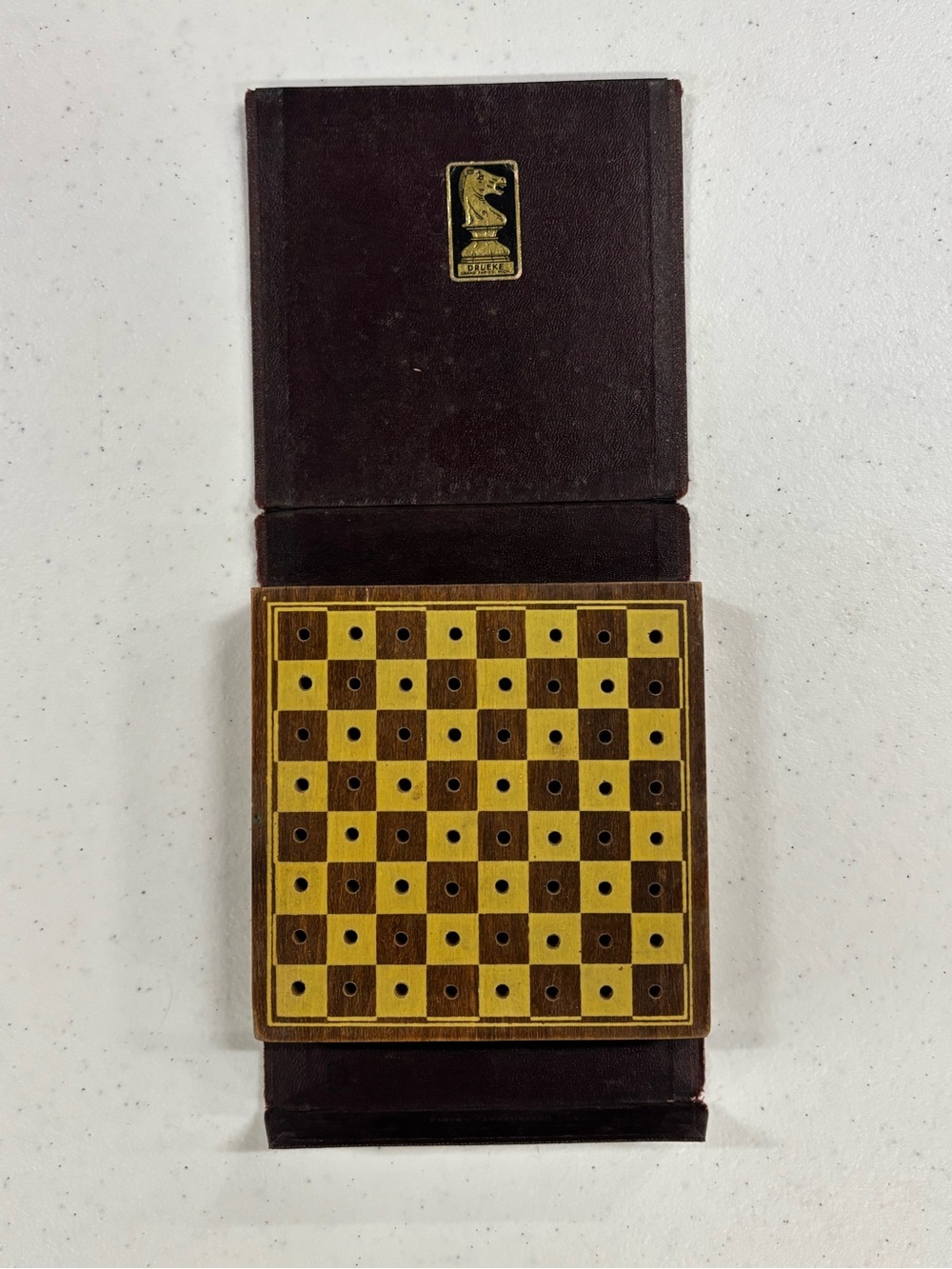 Vintage Drueke Wooden Travel Chess Game in book shaped storage case